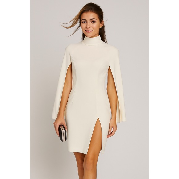 House of CB Dresses & Skirts - HOUSE OF CB LONDON White Mock Neck Cape Sleeve High Slit Bodycon Mini Dress XS